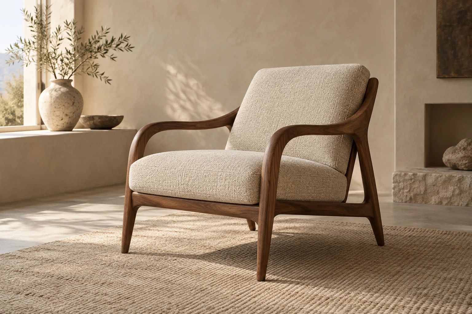 Studio concept: walnut lounge chair in a sunlit plaster interior